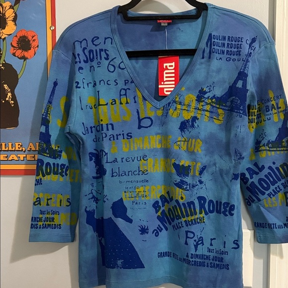 Glima Blue & Yellow Moulin Rouge Graphic  Print V-Neck 3/4 Sleeve Cotton Top - Picture 6 of 12